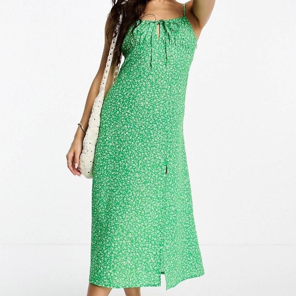 NWT Monki Green Floral Slit Midi Dress size 40 / UK 12 - Picture 1 of 11